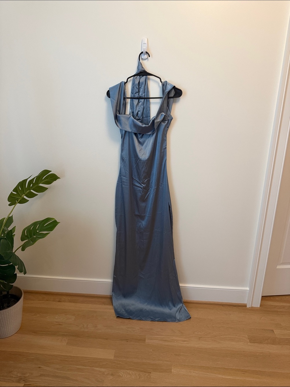 Satin Cowl Maxi Dress in Slate Blue with optional scarf